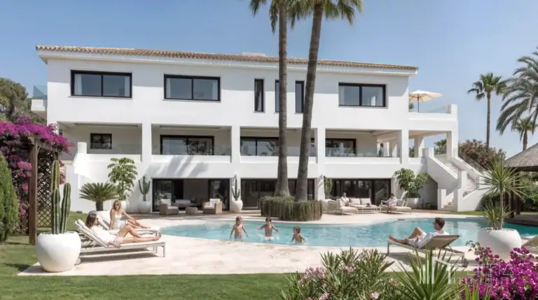 Houses 3 Completed minimalist white villa exterior with a modernized swimming pool, natural stone paving, and luxury outdoor furniture, by roma arquitectura studio, top-tier estepona architects