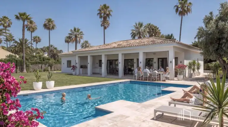 Houses 19 A contemporary rectangular swimming pool, a modern straight‑lined concrete porch and premium natural‑stone paving define the kings and queens villa, executed by roma arquitectura studio, the leading architects for luxury sotogrande refurbishments.