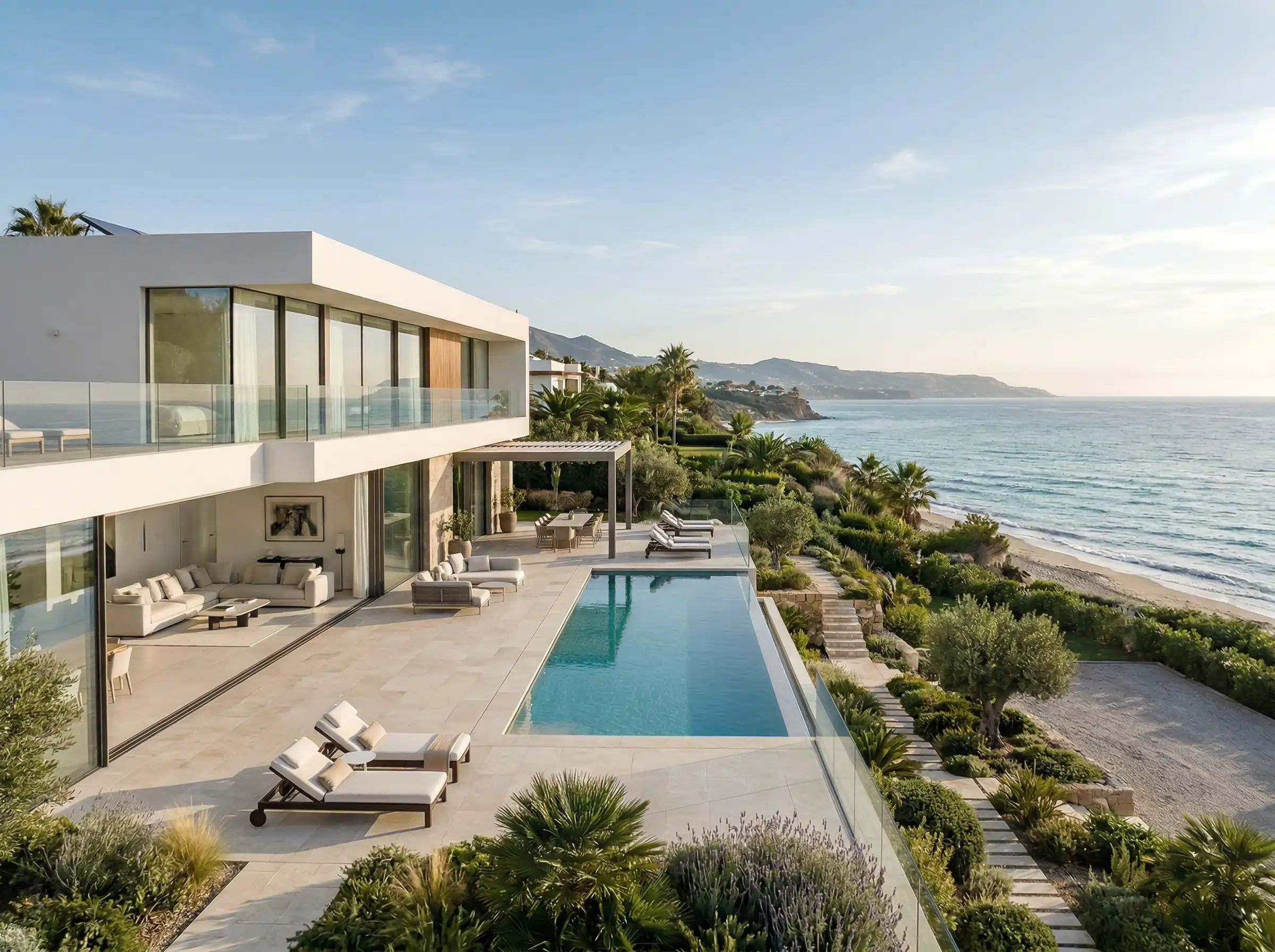 Architects and interior designers specializing in luxury new build villas in costa del sol, malaga. Exterior with sea views.