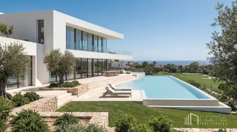 Modern new build villa in sotogrande, cadiz. Architects and interior designers specializing in bespoke projects for luxury villas. Exterior and garden