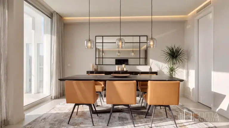 Elegant dining area with black marble table, tan leather chairs, and architectural smoked glass pendants, sotogrande luxury interiors crafted by roma arquitectura studio.