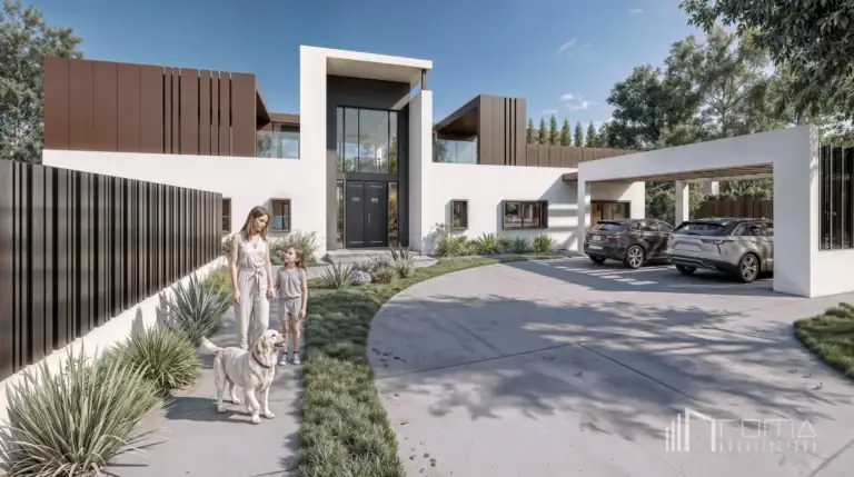Modern villa entrance with cantilevered carport, vertical screening, and landscaped driveway in nueva andalucía. Marbella new build projects, designed by roma arquitectura studio