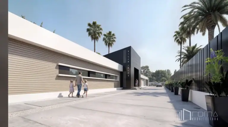 Modern single-storey villa facade with horizontal timber cladding and black cubic entrance feature in san roque club. Sotogrande turnkey new build projects, designed by roma arquitectura studio.