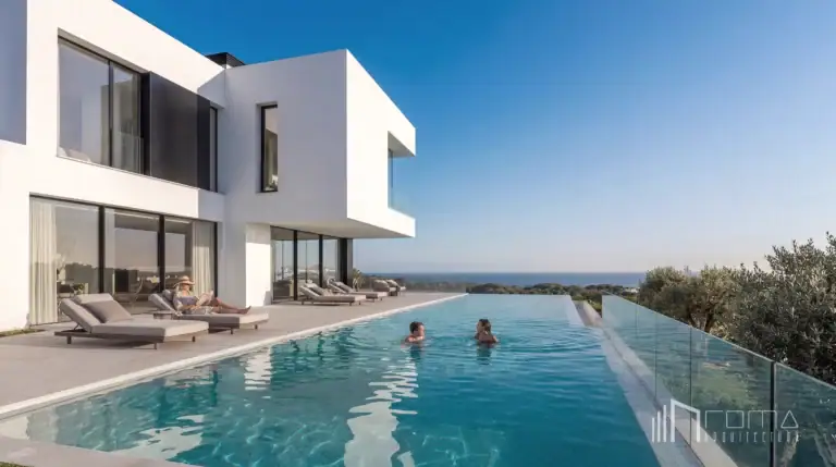 Cantilevered white villa architecture with infinity swimming pool and sunbathing terrace. Malaga turnkey new build villas, crafted by roma arquitectura studio.