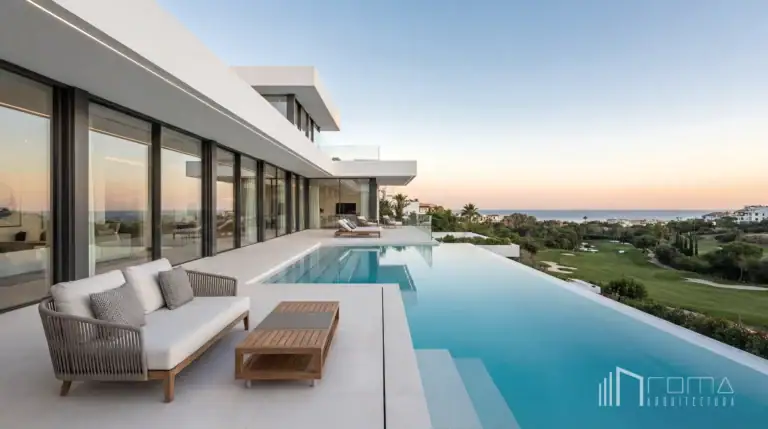 Modern infinity pool terrace with luxury outdoor lounge overlooking golf and sea views, designed by roma arquitectura studio, premier marbella turnkey new builds architects.