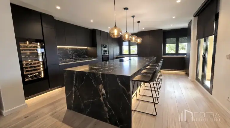 Modern open-plan kitchen with integrated handleless cabinetry, central island, and premium finishes, by roma arquitectura studio, leading san roque club architects