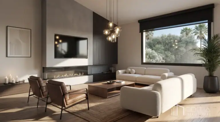Contemporary living room design with double-sided linear fireplace, bespoke wall panelling, and picture window, crafted by roma arquitectura studio, sotogrande luxury architecture firm.