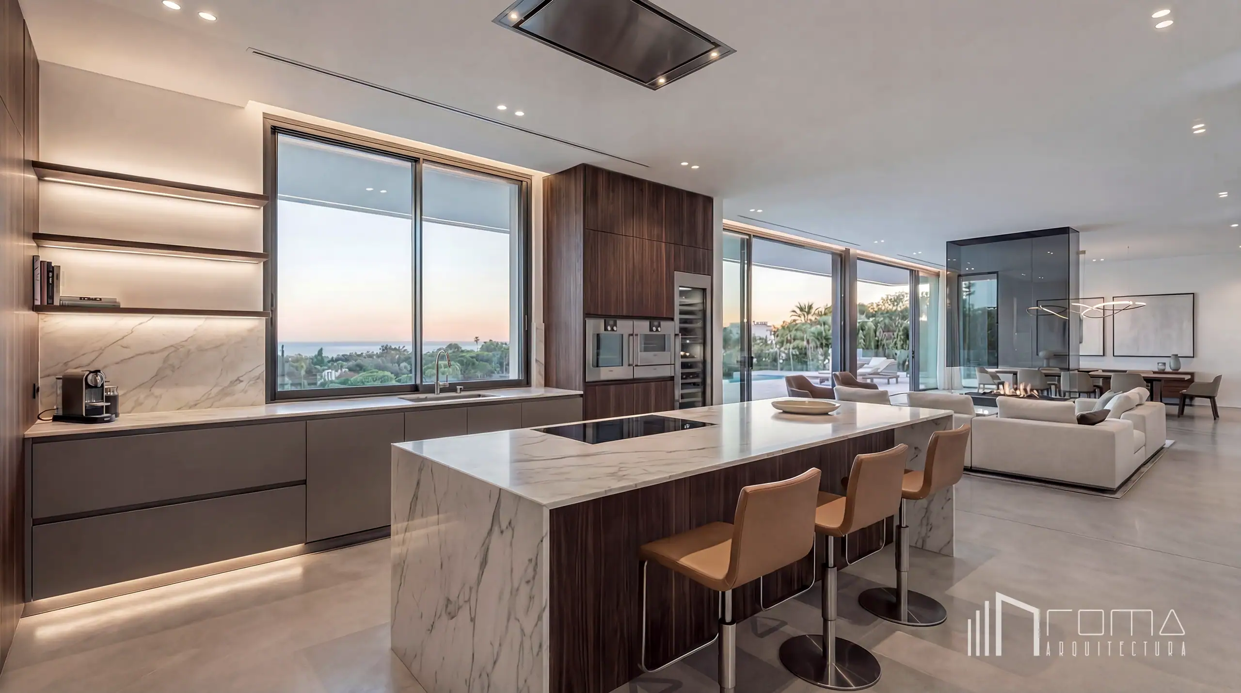 High-end kitchen featuring marble waterfall island, leather bar stools, and wood cabinetry, designed by roma arquitectura studio, trusted marbella bespoke new builds architects.