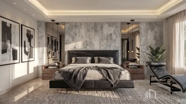 Primary suite bedroom featuring a bespoke dark leather bed framed by symmetrical mirrors, a textured wall finish, and an iconic lc4 chaise longue, marbella luxury renovations, crafted by roma arquitectura studio.