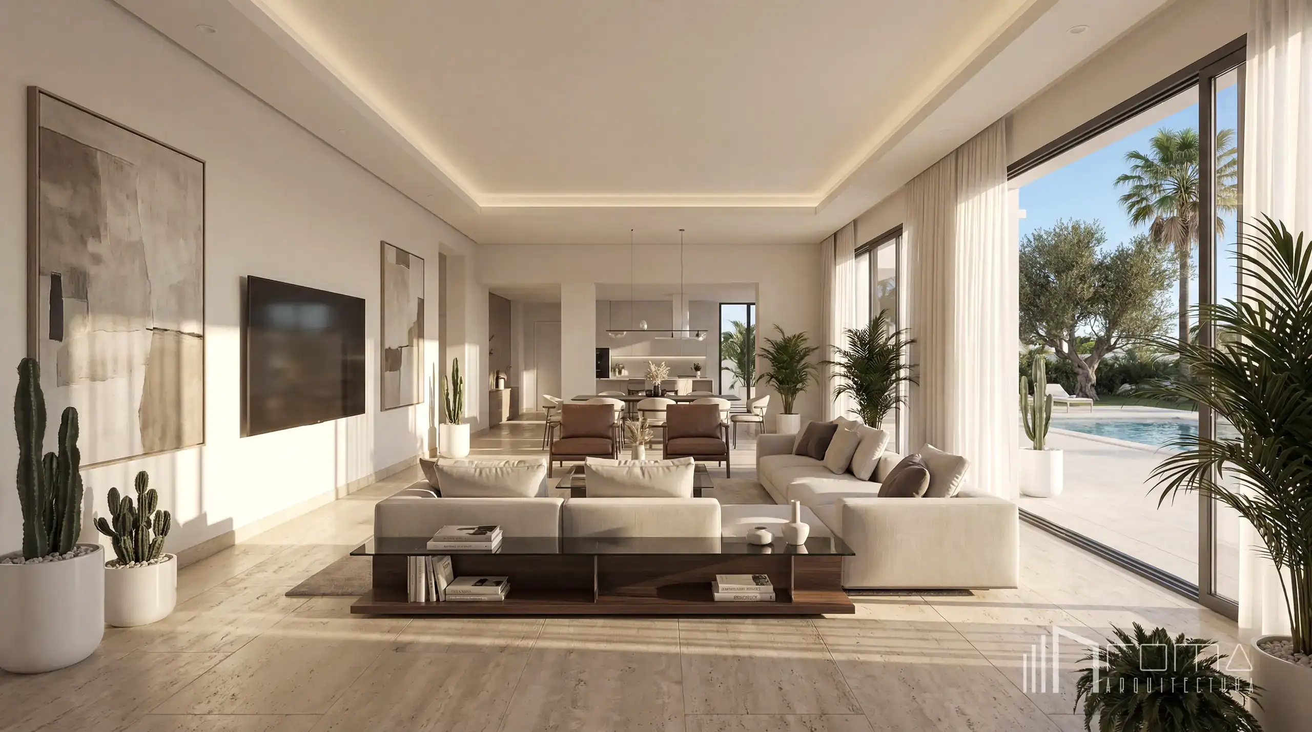 Contemporary open-plan living room opening to a sunlit pool terrace from the architectural work portfolio by roma arquitectura studio