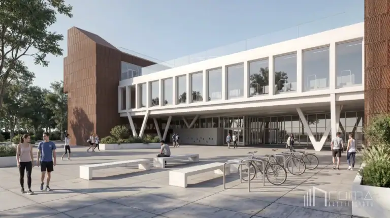 Competitions 5 Pedestrian civic plaza and glazed entrance colonnade beneath the elevated sports pavilion for the new city spa project in tarragona by roma arquitectura studio