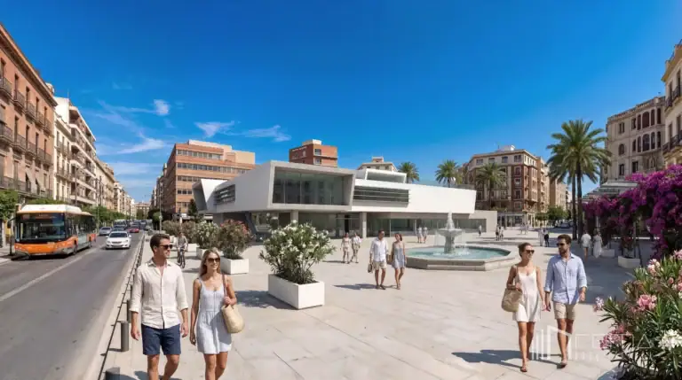 Competitions 2 Pedestrian public square with central fountain and mediterranean landscaping framing the new history museum in seville by roma arquitectura studio