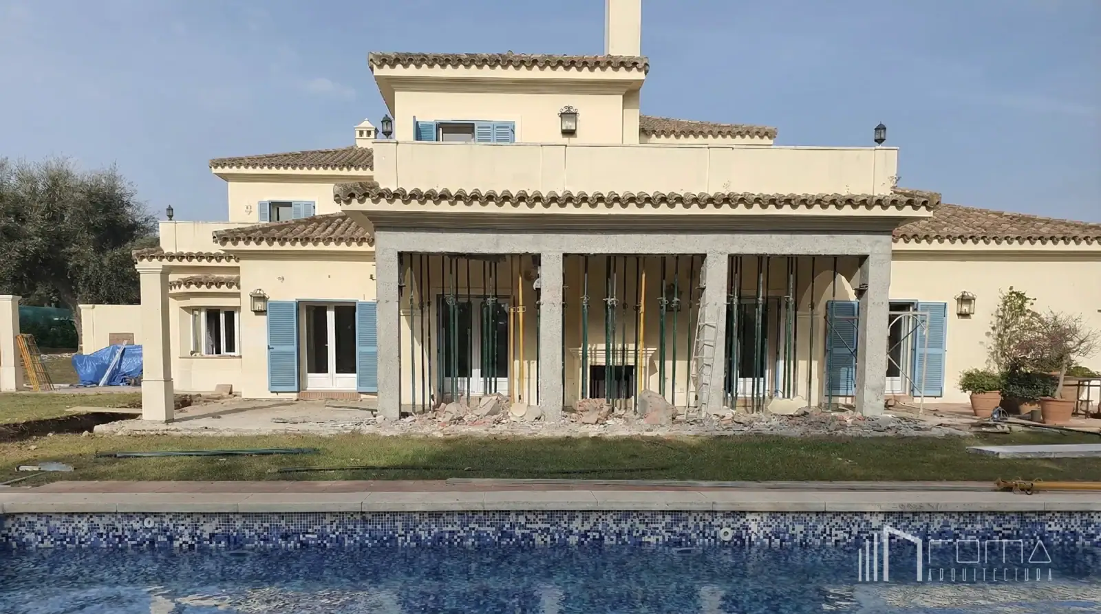 Home 6 Golf villa renovation in la reserva, sotogrande. Architects specializing in modern design and luxury home interiors. Rear porch during renovation