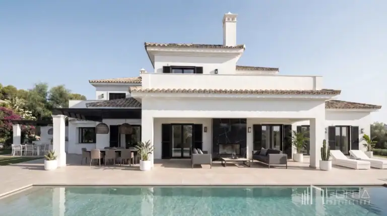 Covered outdoor living porch with black marble fireplace, alfresco dining area, and private swimming pool in la reserva, sotogrande turnkey design projects, designed by roma arquitectura studio.