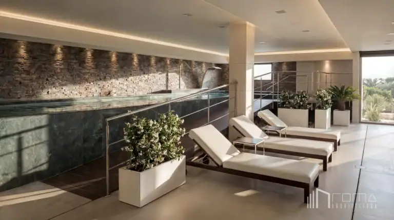 Houses 1 Luxury indoor spa relaxation area with white loungers, indoor plants and heated pool in benahavis by roma arquitectura studio, premier la zagaleta architects.