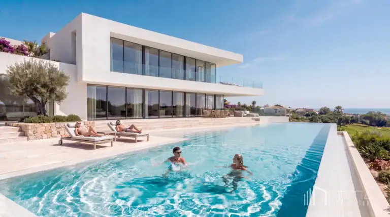 Expansive infinity pool sun terrace with luxury loungers and panoramic mediterranean coastline views, designed by roma arquitectura studio, leading sotogrande turnkey new builds architects.