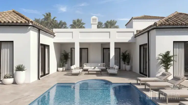 Contemporary villa exterior, private swimming pool, and sun lounger terrace in valderrama — sotogrande luxury renovation projects by roma arquitectura studio.