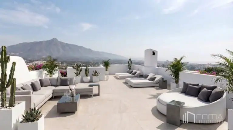 Houses 18 Contemporary terraced house rooftop renovation with custom sunbeds, and elegant outdoor seating area, representing bespoke marbella refurbishments by roma arquitectura studio.