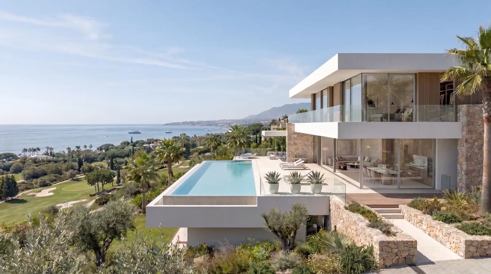 Turnkey contemporary luxury villa design with cantilevered terrace and infinity pool by roma arquitectura studio, turnkey marbella architects
