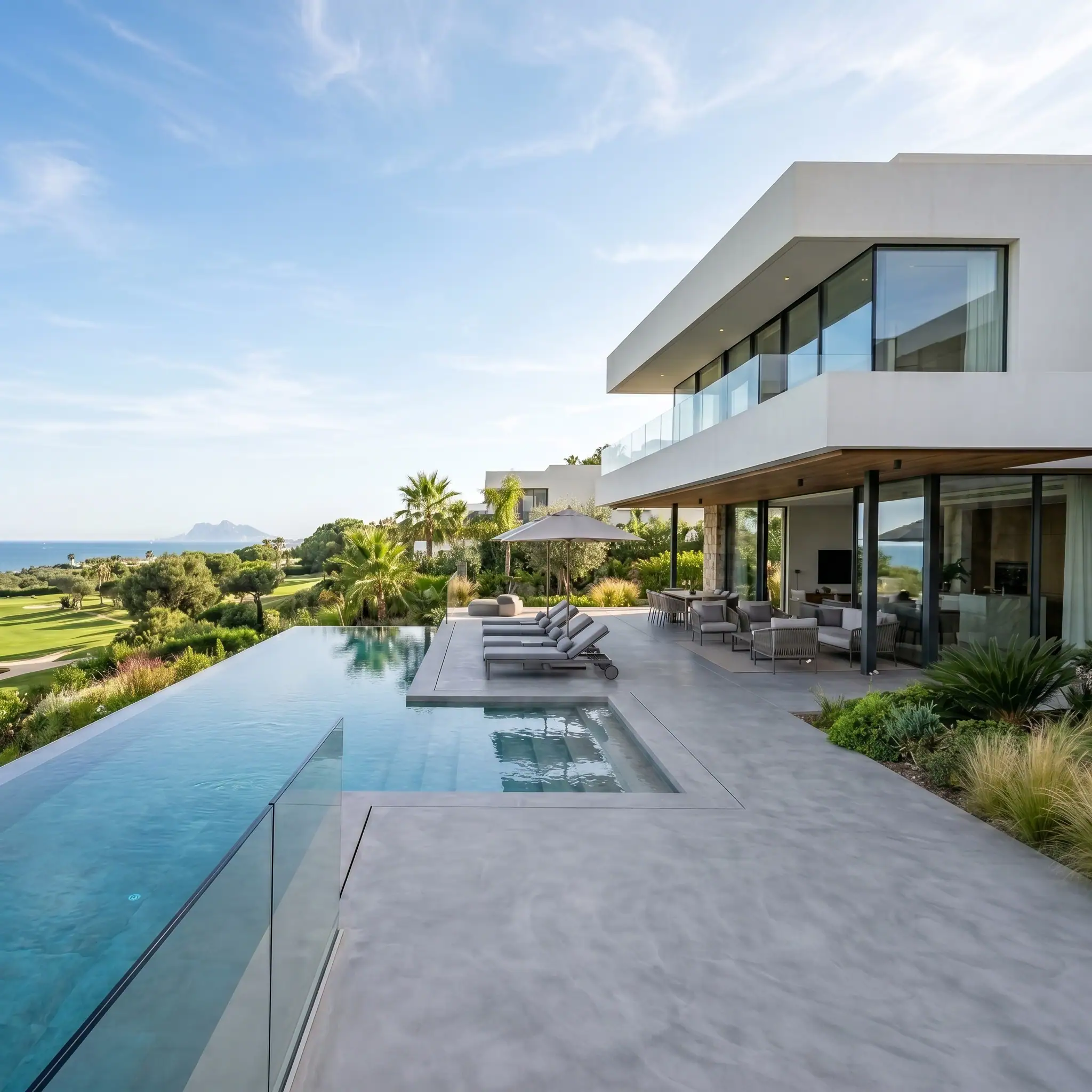 Minimalist new-build villa in sotogrande with an infinity pool, large glass windows, and panoramic views over the golf course, the sea, and gibraltar, by roma arquitectura studio.