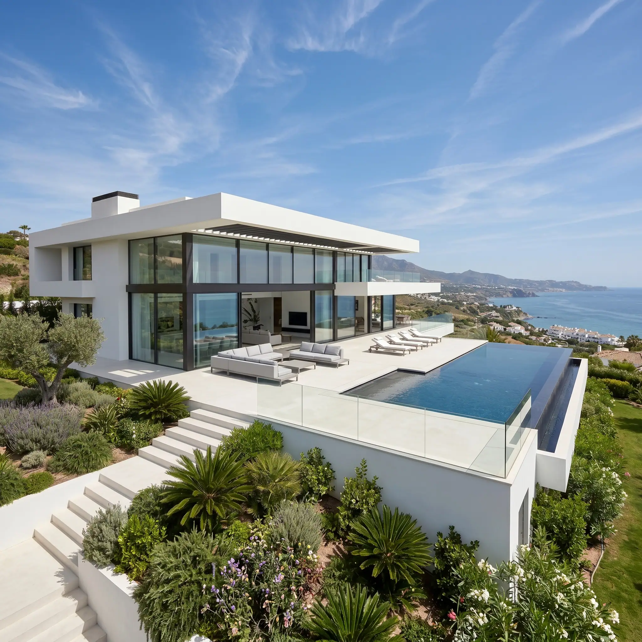 Luxury modern new‑build villa in estepona showcasing high‑end architecture, a striking glass façade, a private infinity pool and panoramic sea views, designed by roma arquitectura studio