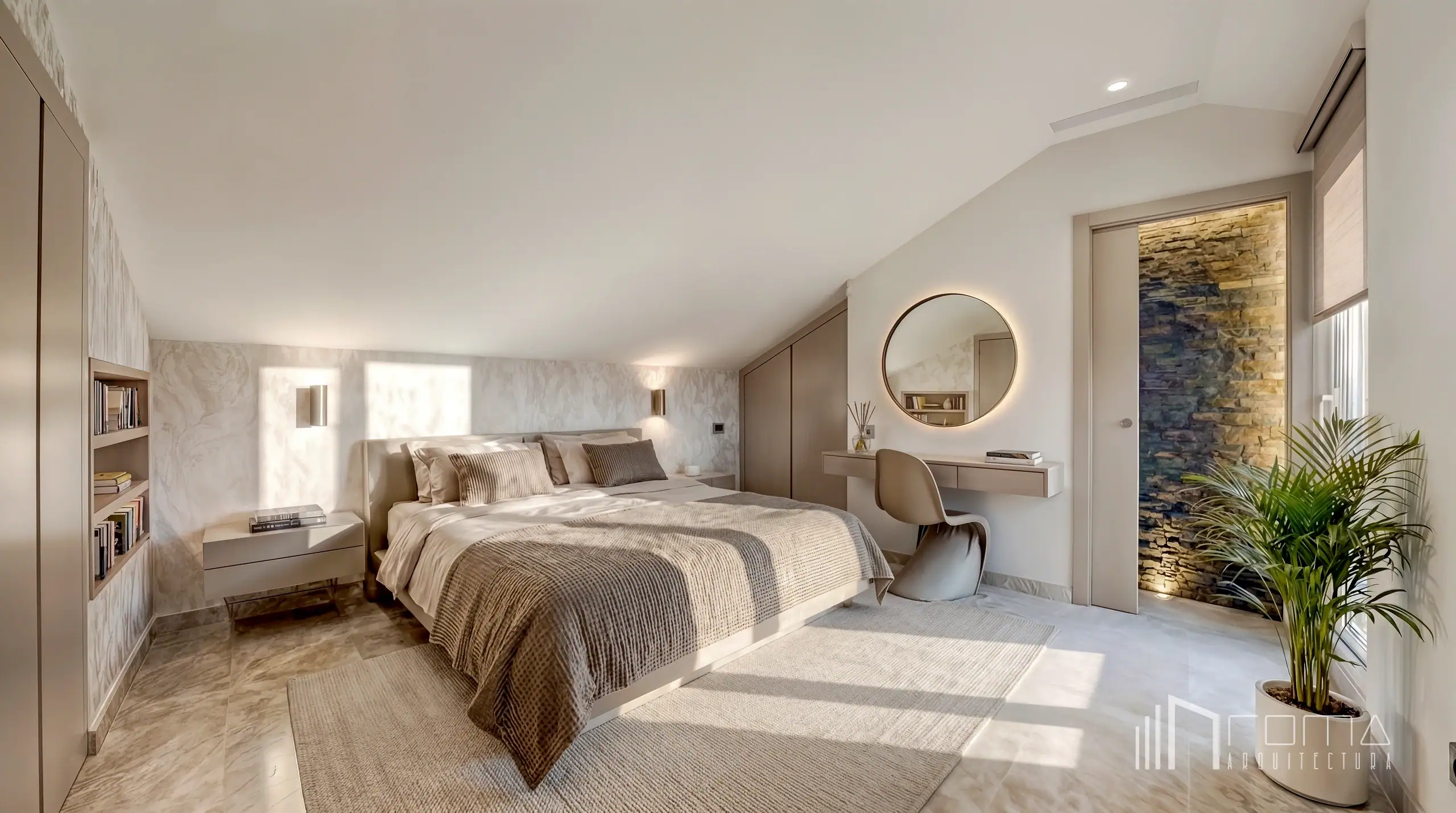 Interior design 8 Elegant attic guest bedroom with custom vanity and warm ambient lighting by roma arquitectura studio, exclusive interior design services