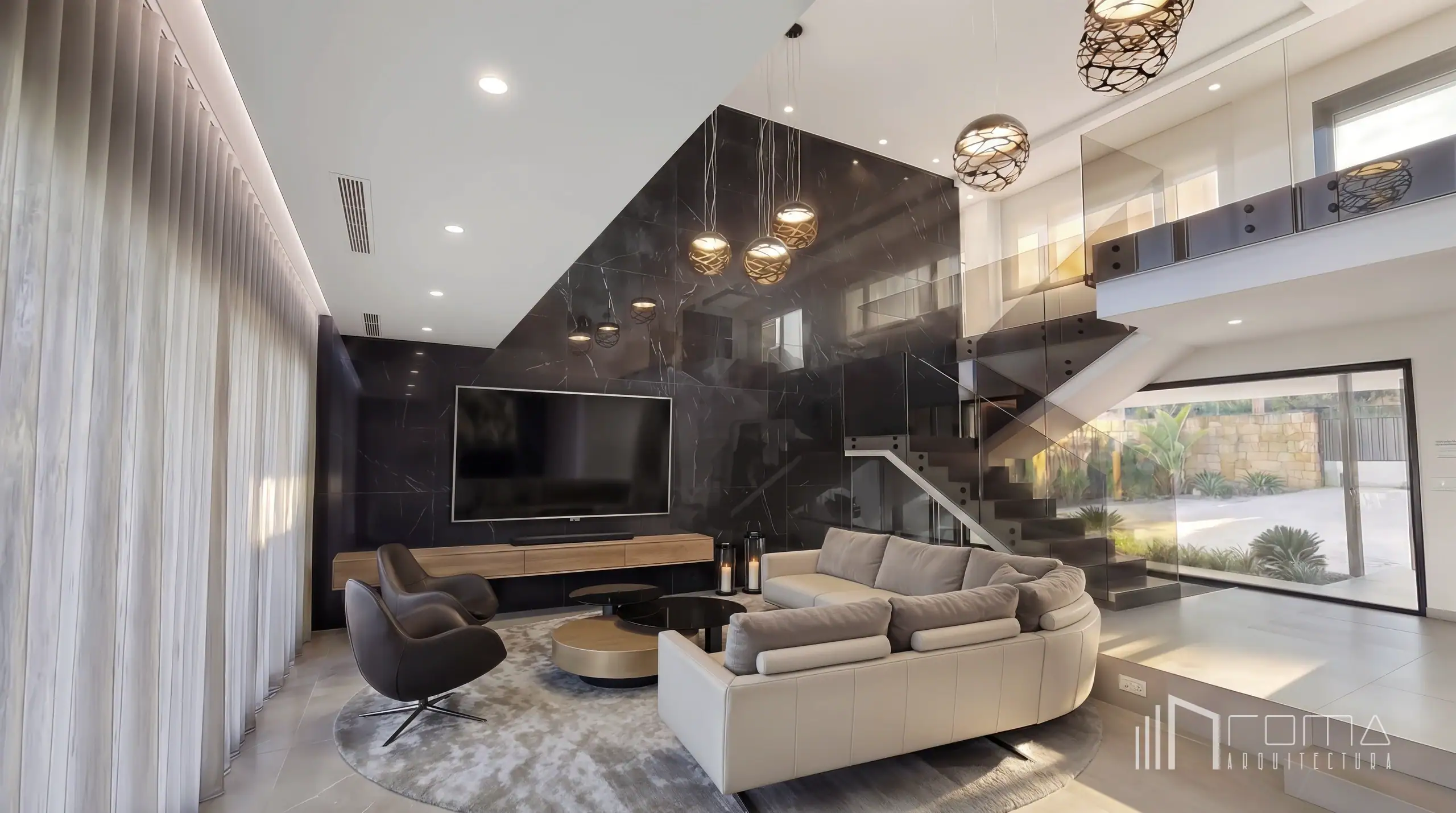 Interior design 2 Luxury double-height lounge featuring a black marble accent wall and glass staircase by roma arquitectura studio, luxury interior design services