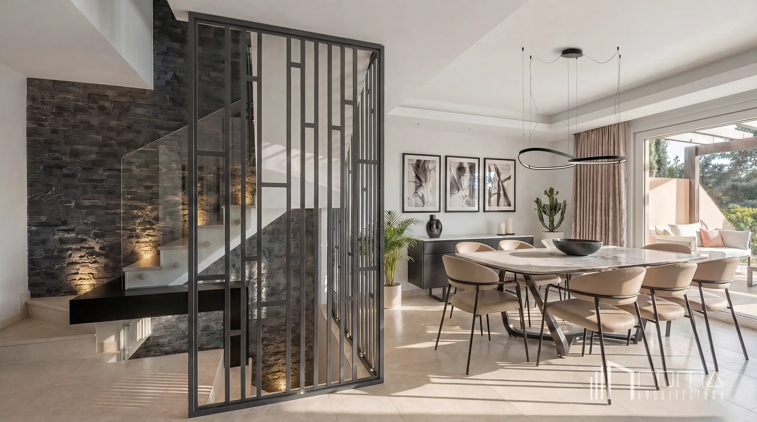 Interior design 6 Contemporary dining area and modern stone staircase separated by a custom geometric metal screen by roma arquitectura studio, turnkey interior design services