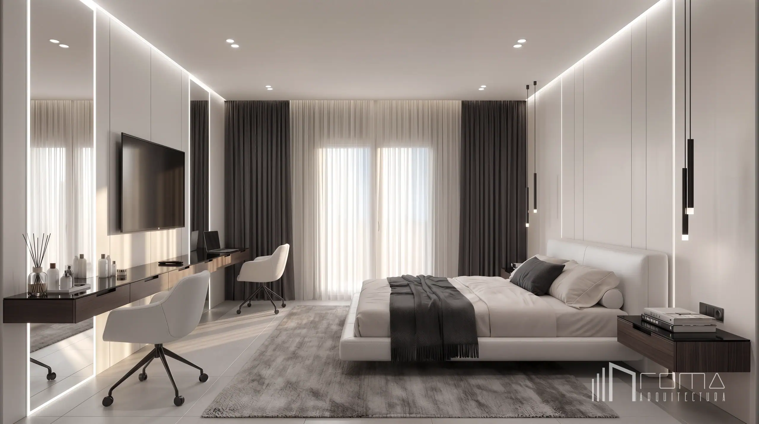 Interior design 4 Modern master bedroom with integrated led strip lighting and custom floating desk by roma arquitectura studio, bespoke interior design services
