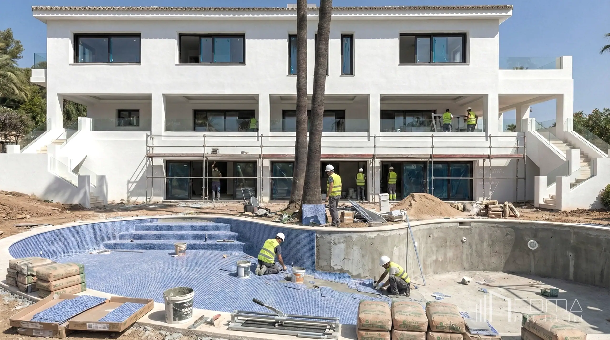 Comprehensive luxury villa transformation and mosaic swimming pool renovation under construction by roma arquitectura studio — renovation projects service
