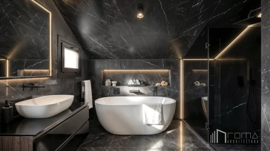 Luxury villa ghests bathroom lined in dramatic nero marquina marble, featuring a minimalist floating vanity and integrated led lighting, exemplifying premium marbella luxury interiors by roma arquitectura studio, top marbella interior designers