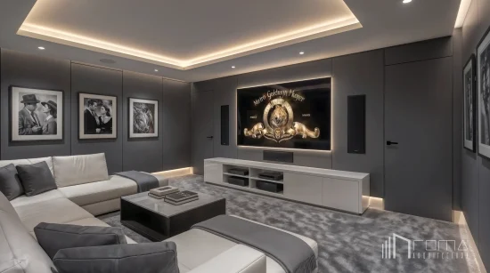 High‑tech private home cinema featuring acoustic wall panelling, a custom led‑backlit screen, and bespoke modular seating, highlighting the top‑tier craftsmanship behind marbella luxury interiors by roma arquitectura studio, premier interior designers in marbella
