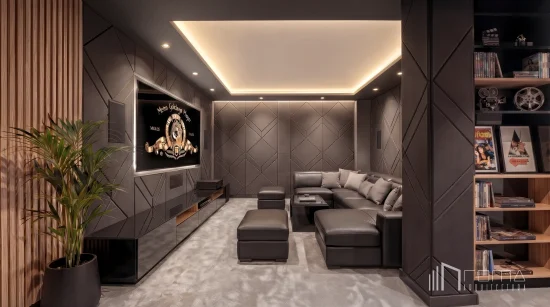 High-end private home cinema with acoustic geometric wall panelling, ambient lighting, and leather seating, sotogrande luxury renovations, delivered by roma arquitectura studio.