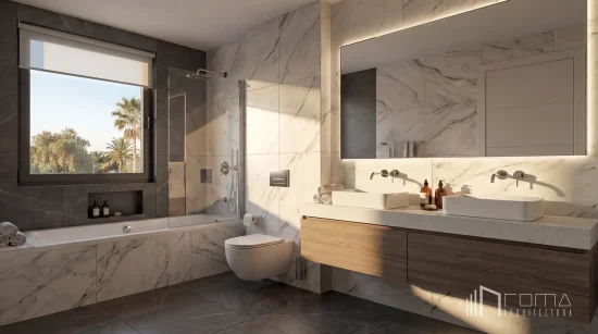Marble en‑suite with freestanding bath, double vanity and natural light in a guadalmina villa, marbella luxury interiors by roma arquitectura studio.