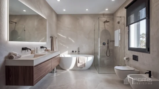 Minimalist en-suite master bathroom with walk-in rain shower, recessed lighting, and contemporary vanity, by roma arquitectura studio, leading architecs in san roque club