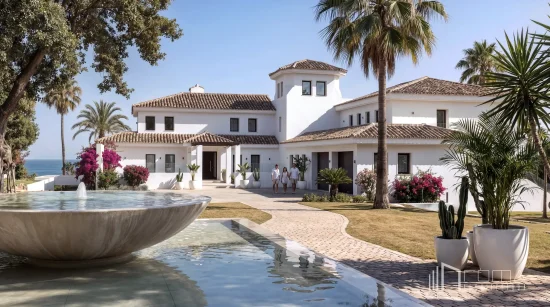 Luxury villa renovation completed by roma arquitectura studio, best top-rated estepona architects: a modern white façade, a monumental water fountain, a cobbled pathway and mediterranean‑landscaped gardens