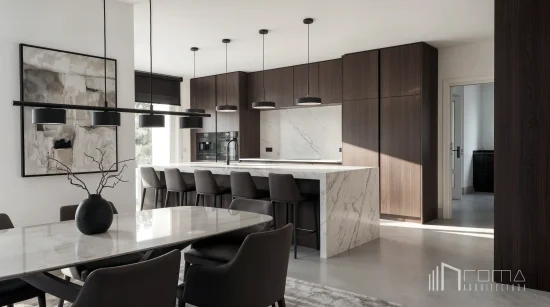 Open-plan kitchen and dining space with calacatta marble island, walnut cabinetry, and matte black pendants, sotogrande high-end design projects, crafted by roma arquitectura studio.