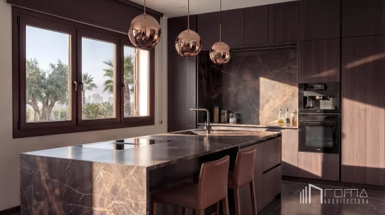 Contemporary luxury kitchen with marble island, dark wood cabinetry and copper pendant lights in benahavis by roma arquitectura studio, luxury zagaleta architects.
