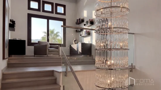 Architects in malaga developing exclusive luxury villas 6 Contemporary library and reading nook in la quinta hills after a renovation project, featuring a modern armchair, floating bookshelves, and a spectacular multi-tier glass feature chandelier, by roma arquitectura studio, luxury architects and interior designers in benahavis