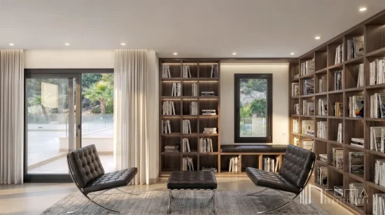 Luxury villa renovation in sotogrande. Architects specializing in bespoke modern design and interiors for turnkey luxury projects. Open library after renovation