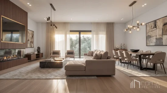 Sophisticated open-concept lounge and dining area with panoramic glass doors and tailored furnishings, by roma arquitectura studio, interior designers in san roque club