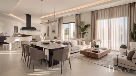 Architects in malaga developing exclusive luxury villas 14 Open-plan luxury lounge and dining room in la quinta hills after a renovation project, featuring a contemporary dining set, a white grand piano, a modern fireplace, and elegant beige sofas, by roma arquitectura studio, english speaking benahavis architects