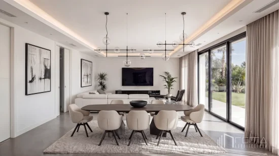 Completed open-plan lounge and dining room in the new golden mile, featuring contemporary sphere pendant lights, a wooden dining set, and minimalist sliding glass doors, by roma arquitectura studio, best luxury estepona architects