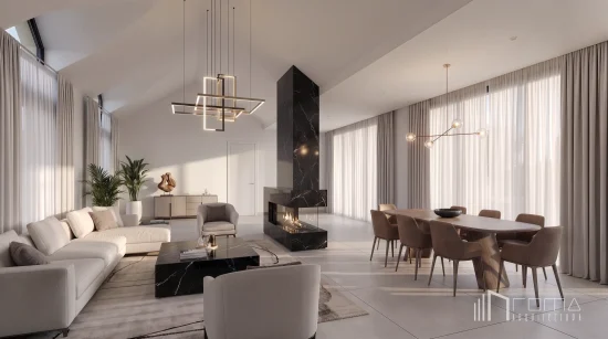 Spacious open-concept lounge and dining area with double-sided marble fireplace and designer lighting — sotogrande luxury renovation projects by roma arquitectura studio.