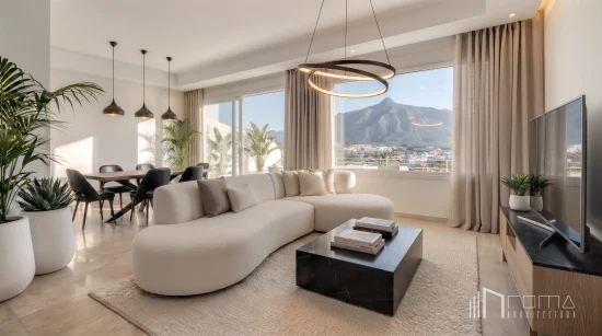 Modern open-plan living and dining room with a curved bouclé sofa, black marble coffee table, and large windows showcasing panoramic views, representing premier marbella refurbishments by roma arquitectura studio.