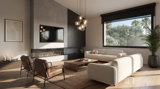 Contemporary living room design with double-sided linear fireplace, bespoke wall panelling, and picture window, crafted by roma arquitectura studio, sotogrande luxury architecture firm.