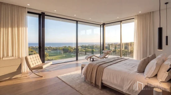 Malaga architects and interior designers 10 Corner master bedroom suite with floor-to-ceiling glazing overlooking golf course and coastline. Malaga bespoke new build villas, delivered by roma arquitectura studio.