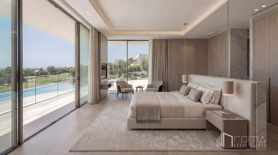 Master bedroom suite with custom headboard divider, cylindrical pendant lighting, and direct infinity pool vistas, designed by roma arquitectura studio, trusted sotogrande turnkey new builds architects