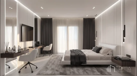 Master bedroom suite with floor-to-ceiling mirror panelling, integrated vanity desk, and architectural perimeter lighting, sotogrande turnkey design projects, executed by roma arquitectura studio.