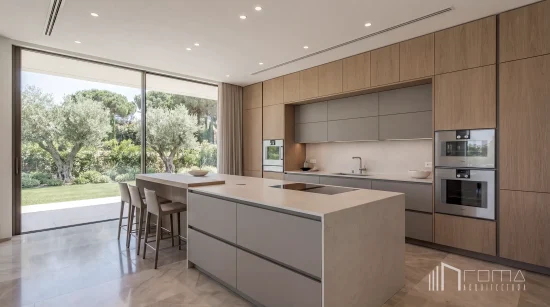 Minimalist kitchen featuring warm timber cabinetry, quartz island with breakfast bar, and garden views, designed by roma arquitectura studio, renowned sotogrande bespoke new builds architects.